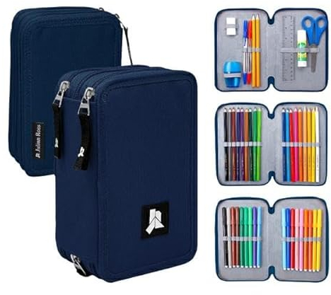 Julian Ross 3-Fach Federmäppchen – 45-teilig, komplett gefüllt – mit Schere, Kleber, Buntstiften & Filzstiften – Blau – ideal für die Schule & als Geschenk für Jungen und Mädchen