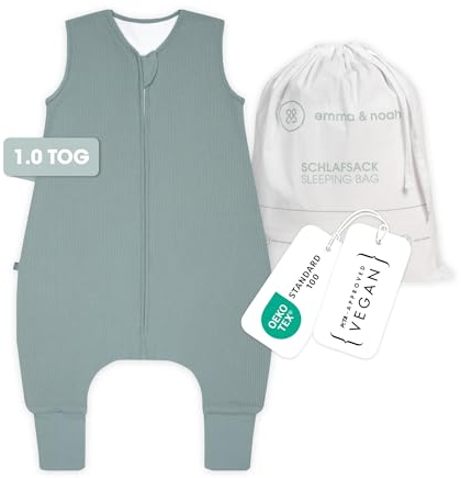 emma & noah Baby Schlafsack mit Füßen 1.0 TOG, Ganzjahres Schlafsack mit Beinen für den Frühling, Sommer und Herbst, 100% Bio-Baumwolle, Oeko-TEX Zertifiziert (Essential Mint, 70 cm)