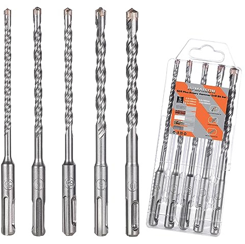 HPMAISON SDS Plus Rotary Hammer Drill Bit Set, 5PCS Cross Drill Bits Hammer Impact Drill Bit for Drilling Stone, Concrete, Brick Wall, Cement, Masonry 5.5mm/6mm/6.5mm/8mm/10mm x 160mm