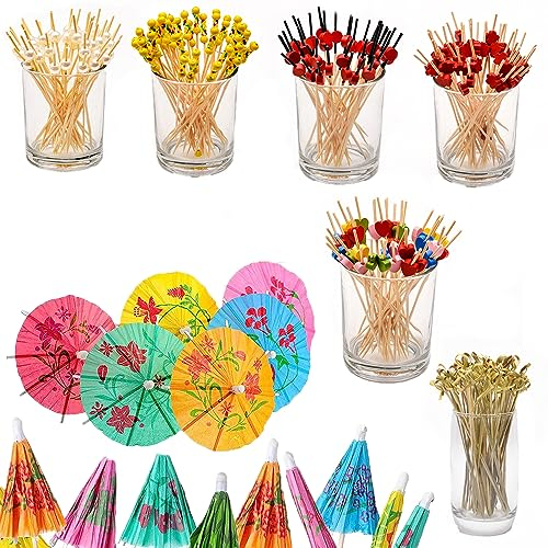 350 pcs pics à cocktail et parapluies à boissons, accessoires pour boissons à cocktail, bâton de fruit de 12 cm, pic noué en bambou, parapluie en papier de 10 cm, décoration de boissons