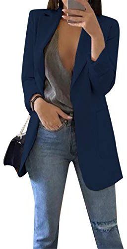 WIWIQS Womens Blazer Long Sleeve Casual Open Front Business Suit Jackets Stretch Lapel Solid Boyfriend Blazer with Pockets Navy Blue 3XL