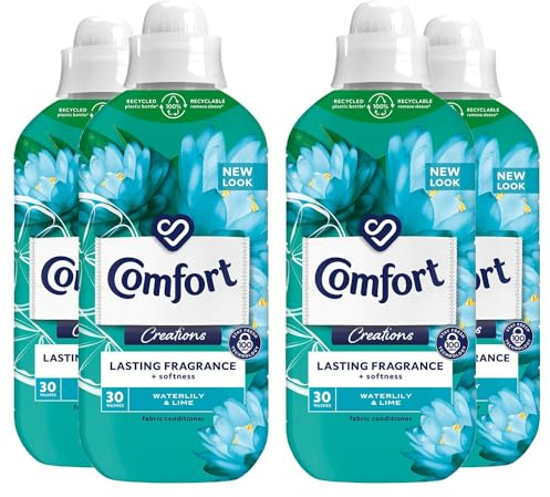 Comfort Creation Concentrated Fabric Conditioner with 100 Days of Long Lasting Fragrance and Softness Intense Liquid Fabric Softener 30 Washes, 900 ml (Waterlily & Lime, Buy 4)