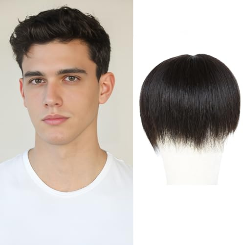 Meiverah Untrimmed Hand Tied Lace/Slik Base with Biological Scalp Toupee Human Hair Extension Clip in Hairpieces Topper Top HairPiece for Men (5.9*7.9, Slik Base Toupee, Natural Black)