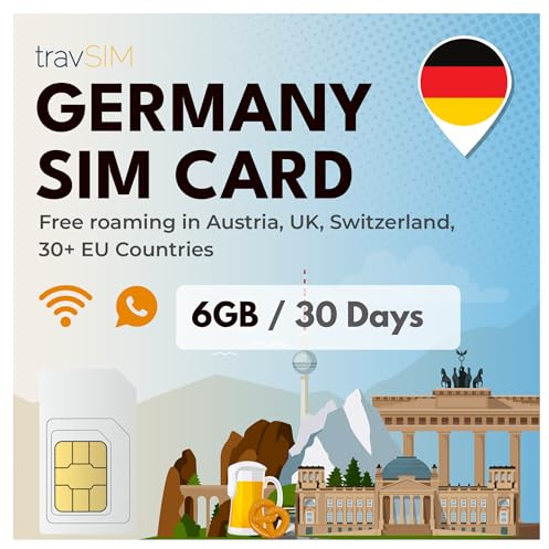 travSIM Scheda SIM Germania |6GB di dati/velocità 4G/5G |Chiamate illimitate |Utilizzare la scheda SIM tedesca nel UK e in 30+ paesi dell'UE |Il piano sulla SIM per la Germania valido 30 giorni