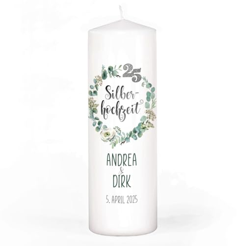 Herz & Heim® Kerze zur Silberhochzeit, 4 Motive mit Eukalyptus zur Wahl, personalisiert mit Namen & Datum (Motiv 4)