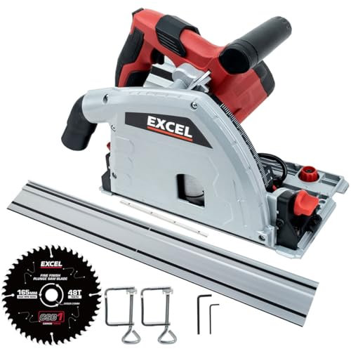Excel 165mm Plunge Saw 1200W/240V Guide Rail Set with Blade ~ 50Hz with 1.4mm Guide Rail, Joiner, Clamps, Hex Key, Blade - Cutting Capacity 55mm @ 90° and 42mm @ 45° - Bench Saw - Circular Saw