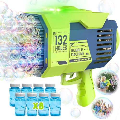 Aooess 132 Löcher Seifenblasenpistole Kinder Automatische Seifenblasen Machine LED Seifenblasen Pistole mit 8 Seifenblasen Flüssigkeit Spielzeug für 3-8 Jahre Junge Mädchen Geschenke Hochzeit (Grün)