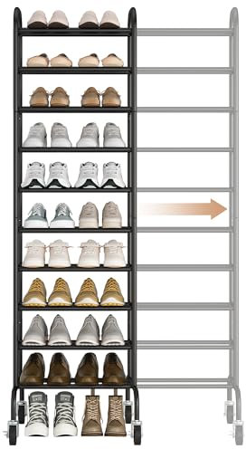 STORAGE MANIAC 10-Tier Expandable Shoe Rack, 44 Pairs Tall Shoe Rack, Black