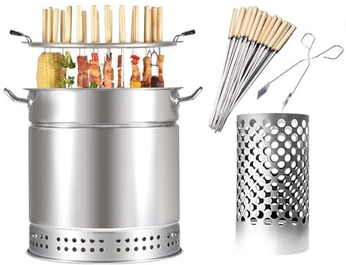 Barbacoa portátil sin Humo, Parrilla de Barril de carbón con 20 brochetas y Parrilla para Barbacoa, Parrilla de Kebab de carbón Envolvente de Acero Inoxidable, para Acampar y Barbacoa