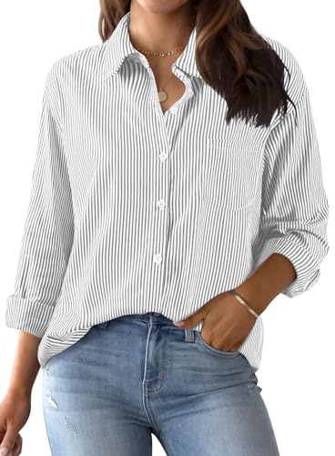 Xnova Chemisier à Rayures avec Boutons pour Femme, Coton Haut Blouse Manches Longues Décontracté Blouses à Rayés Ample, Boutonnière Col en V Chemise Tops avec Poche de Travail