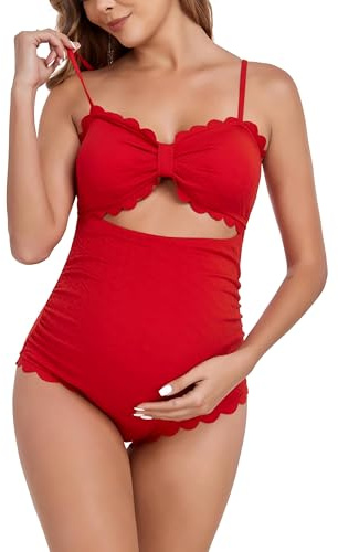 EastElegant Maternity One Piece Swimwear Back Cutout Pregnancy Bikini Scalloped Pregnant Bathing Suit Red M