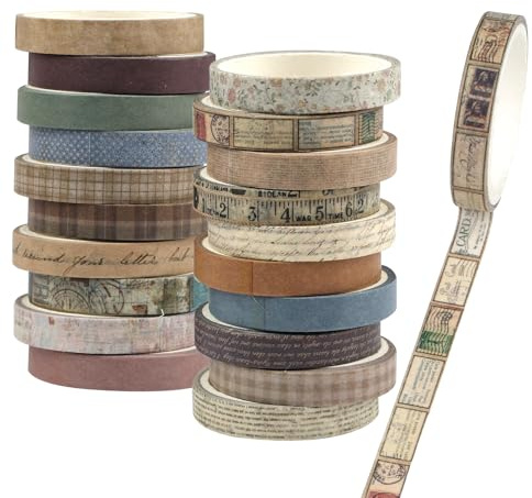 Tikplus 20 Rolls Washi Tape Set, 7mm Wide Vintage Scrapbook Tape, Selfadhesive Masking Tape Stickers, Craft Tape with Decorative Patterns, for DIY, Scrapbooking(3 Meters/Roll)