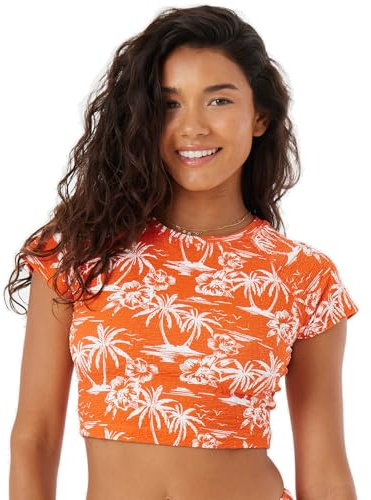 Roxy Women's Crop Top Rash Guard – UPF 50+, Quick-Dry Swim Shirt, Pool, Surf, Beach, Gym Workout, Red, Small