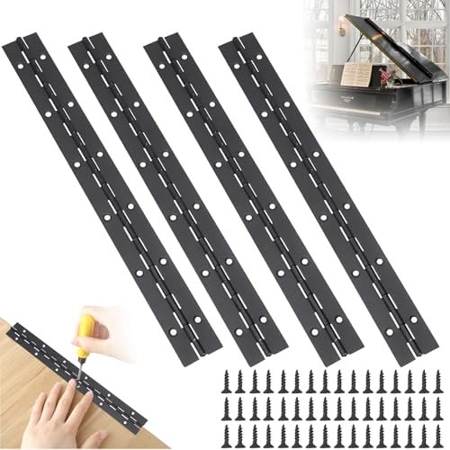 Charnière à barre de piano, Lot de 4 charnières de piano en acier inoxydable - Avec 48 vis - Pour pianos, portes d'armoire, armoires de bateau, 300 x 30 x 1,0 mm - Charnière de meubles (Noir)