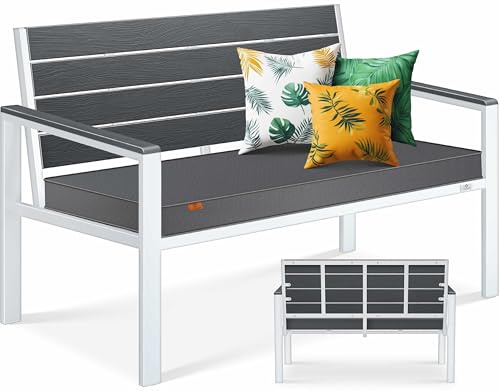 KESSER® Panca da giardino con cuscino, resistente alle intemperie, 2 posti, effetto legno, per giardino, terrazza, balcone, portata fino a 300 kg, resistente ai raggi UV, con rivestimento rimovibile e
