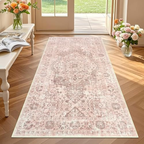TUKDAK Vintage Löpare Mattor för Hall 80 x 150 cm, Rosa Boho Halkfri Halllöparmatta, Tvättbar Låg Lugg Golvmatta för Entré, Hallmatta för Kök Badrum Sovrum Dörröppning Tvätt