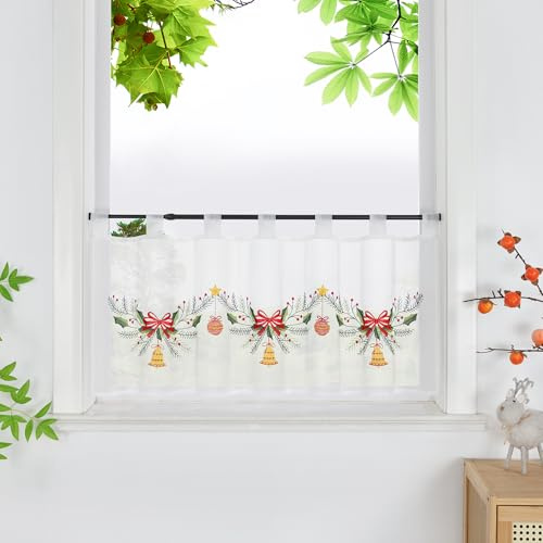 HeichkelL Scheibengardine mit Schlaufen Weihnachten Kurzstores Transparente Gardine Bistrogardine mit Stickerei Weiß HxB 45x90 cm