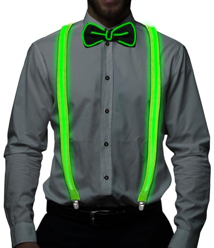 IGUGI Bretelles et noeud papillon lumineux à LED pour hommes,LED Bretelle Noeud Papillon,LED Bretelles Homme,Cravate Lumineuse,3 Modes de Flash,pour festival de musique,fête costumée d'Halloween（vert）
