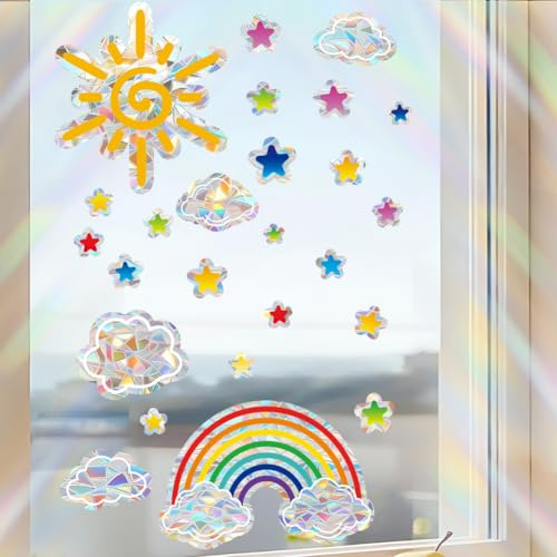 PRESSINART 8Pcs Rainbow Sun Catcher Window Sticker, Anti-Collision Window Clings Sun Cloud Star Pattern Reusable Non Adhesive Static Prism Film for Bird Strike Prevention Kitchen Bedroom Wall Decor