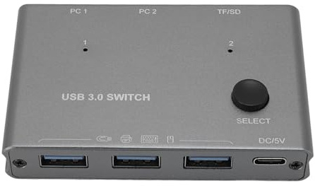 AMONIDA USB 3.0-omkopplarväljare för 2 Datorer med 3 Portar och Minneskortfunktionalitet för Hemmakontor, Aluminiumlegering, 2 USB-kablar Ingår