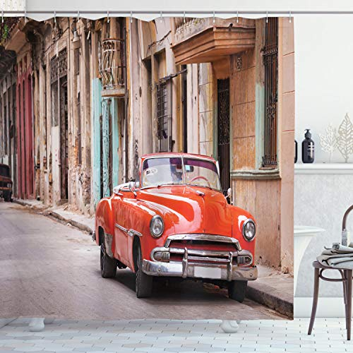 ABAKUHAUS Autos Duschvorhang, Klassische amerikanische Havana, Stoffliches Gewebe Badezimmerdekorationsset mit Haken, 175 x 240 cm, Orange Sand Braun