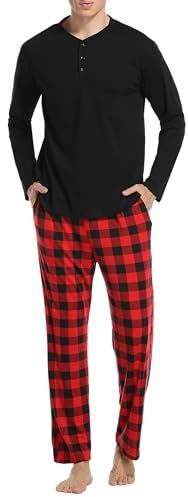 Vlazom Herrpyjamas set, lång tvådelad pyjamas, herr rutiga flanellbyxor och enfärgad t-shirt, Stil A-svart topp + röda rutiga byxor, M