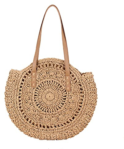 VOANZO Handgefertigte große Kapazität, hohl, kreisförmig, Strohtasche, modisch, für Damen, einschulterig, gewebt, Sommer, Strandtasche, Braun, braun, Einheitsgröße