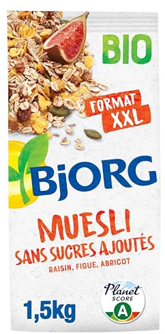 BJORG - Muesli Bio Sans Sucres Ajoutés - Raisin, Figue, Abricot - Aux Céréales Complètes - Paquet de 1,5 kg
