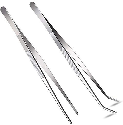Set di 2 pinzette dritte e curve, con manico lungo da 30,5 cm, in acciaio inox, con punte seghettate, comodo manico scanalato per giardino, cucina, interni ed esterni