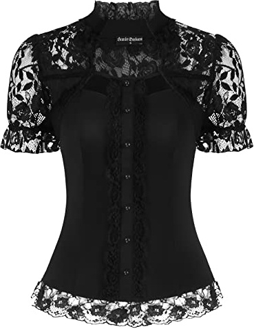 SCARLET DARKNESS Donna Camicetta Rinascimentale Maniche Corte in Pizzo Colletto a Listino con Volant Camicia Vintage L Nero