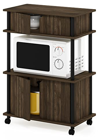 Furinno TURN-N-TUBE Bakers Rack with Wheels, 4-Tier Kitchen Storage Cart, Kitchen Cart with Closed Cabinets, Coffee Bar, Pantry Organizers and Storage, Columbia Walnut