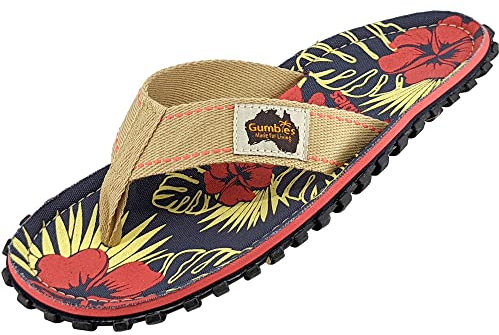 Gumbies Islander Flip-Flops | Unisex Classic Canvas Flip-Flops with Recycled Rubber Outsole & Cotton Footbed | Contoured, Lightweight & Everyday Comfortable | Denim Hibiscus | EU 43