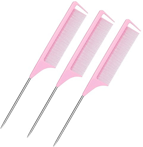 Rat Tail Combs 3PCS, Parting Combs for Braiding Hair Carbon fiber heat-resistant anti-static, for Sectioning, Parting, Styling Hair (Pink)