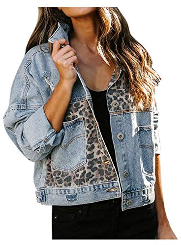 NUSGEAR 2023 Chaqueta Vaquera Mujer Moda leopardo manga larga Chaqueta abrigo con Bolsillos jean otoño Primavera Casual mezclilla Cardigan botones Fiesta vacaciones