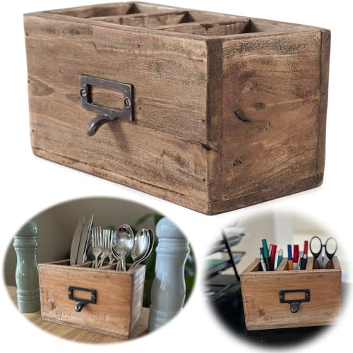LS-LebenStil Holz Apotheker Schublade Napoli - Vintage Braun - 18x12cm - 3 Fächer Cutlery Besteckkorb Ablage Besteck-Utensilienhalter Stiftebox Stifteköcher Büro Schreibtisch Küchen-Organizer