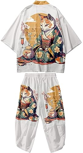 DOSLAVIDA Ensemble de veste kimono japonaise pour hommes, veste élégante ouverte sur le devant avec short, cardigan imprimé de style chinois