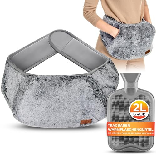 Cintura per Borsa dell'Acqua Calda - Boule Acqua Calda da 1,5 Litri con Copertura in Velluto di Coniglio Grigio - Borsa Acqua Calda di Lusso, Morbida e Indossabile per Dolori Mestruali (Grigio)