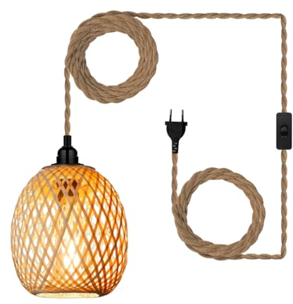 EcoGehen Hängelampe Lampenschirm mit Stecker Outdoor Lampe Hängend Boho Rattan Deckenlampe Hängeleuchte Bambus Deko Deckenleuchte Esstisch Lampen Hängelampen Pendelleuchte 4,5M Kabel für Schlafzimmer