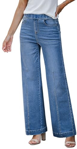 Roskiky Jeans Damen High Waist Pull On mom Jeans Stretchy High Waisted Denim Wide Leg Trouser Pants Trendy Front Seam 90s Loose Jean, XL