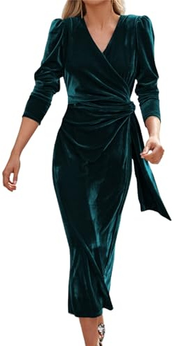 Vestido de terciopelo con cuello en V para mujer, elegante, de manga larga, fruncido en la cintura, para fiesta, midi, vestido de invitada de otoño para boda, verde oscuro, L