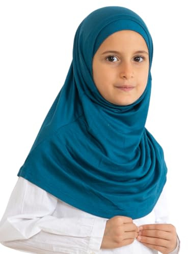 Prien lätt att bära hijab för flickor, muslimsk halsduk för barn, omedelbar hijabs för kvinnor, viskos barnhalsdukar för Ramadan Eid, Turkos, one size