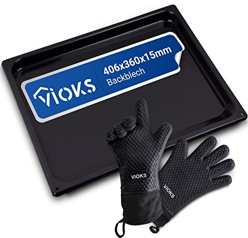VIOKS Set di teglia da forno smaltata di ricambio per Gorenje 334774 AC037 + guanti da forno resistenti al calore/padella per grasso da forno rettangolare 406 x 360 x 15 mm + guanti in silicone