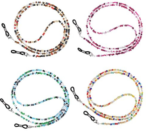Ptwola 4 Stüc Damen Herren Bunt Brillenketten Stück Brillenband Sport Eleganter Brillenhalter Maskenkette Brille Lanyard Perlen Rutschfest für Brillenzubehör Brillenkordel Sonnenbrillen Lesebrillen