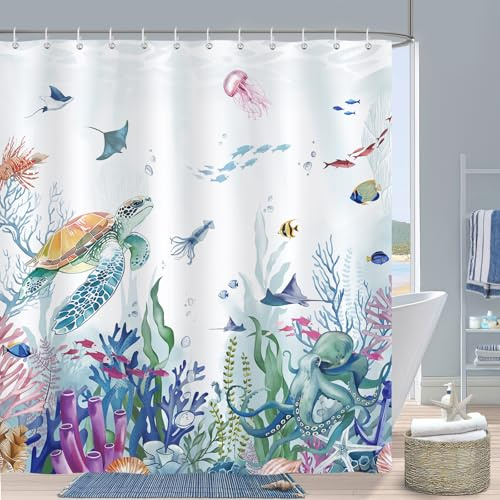 Bonhause Cortina de Ducha Tortuga Marina Costera Pulpo Océano Coloridos Cortina de Baño de Poliéster Impermeable Antimoho Lavable Cortina Ducha 180 x 180 cm con 12 Ganchos