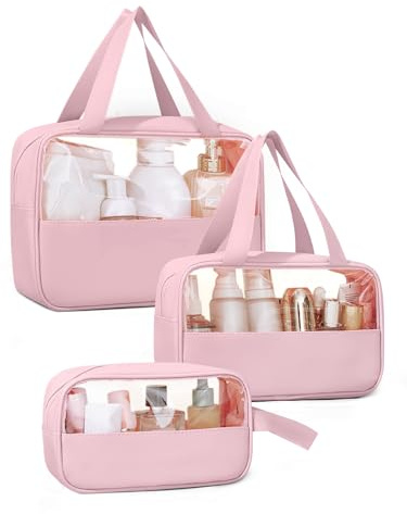 Laxee Clear Toiletry Bag 3 Pcs for Women Men, Large PVC Waterproof Wash Bag with Zip and Handle, TSA Approved Travel Toiletry Bags, Portable Cosmetic Bags Makeup Bag for Travel Business Holiday(Pink)