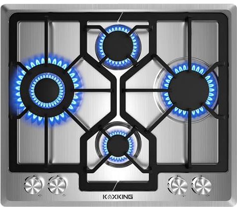 Gaskochfeld 4 Flammig, Gaskochfeld Einbau 60 cm, Edelstahl, NG/LPG konvertierbar, Flammenausfallsicherung Thermoelement, Gusseisen Topfträger, 8800 Watt, ideal für Wohnungen & kleine Küchen