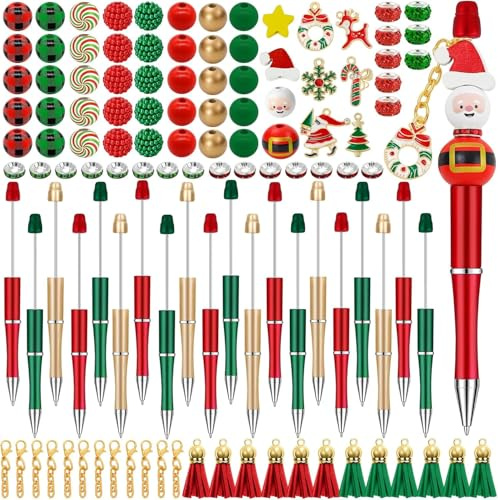 LATERN 152 Pezzi Set di Penna di Perline Natalizia DIY, 20 Penna di Perline, 58 Perline Assortite, 14 Nappe, 20 Chiusure a Moschettone, 6 Ciondoli - per Natale Regalo Scuola Ufficio Materiali