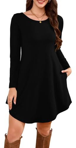 DEARCASE Women's Long Sleeve Knee Length Flowy T Shirt Dress,Black,Medium