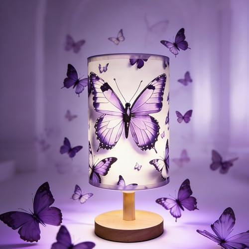 OEWWSKK Butterfly Lamp Purple Desk for Kids Lamp,3 Colors Nightstand Light Lamp, Round Wood Base Flaxen Fabric Desk Lamp, Butterfly Light Gift for Gir (LED Bulb Included) (Butterfly)