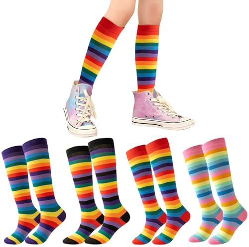 AUNGCSHE Calze Lunghe Donna, Calzini a Righe Rainbow, Calze Colorate Donna, Adatto per Costume Carnevale, Halloween, Circhi, Cosplay, Travestimento (4, Multicolore)